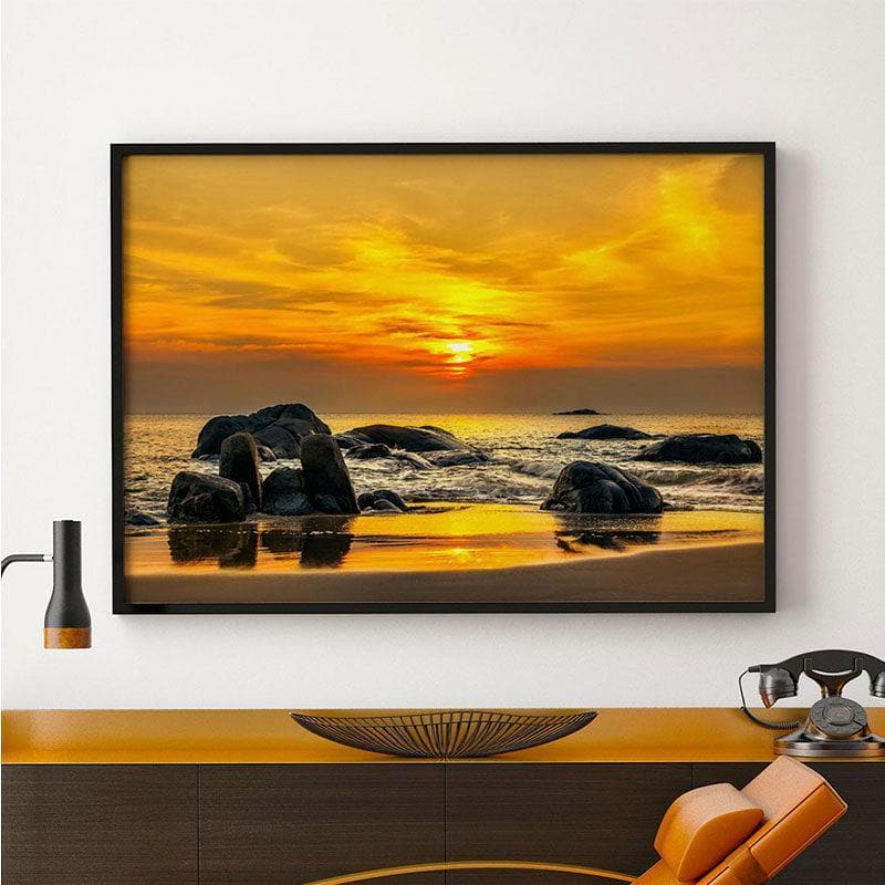 Sunrise On Sea Canvas Wall Painting - Black Frame