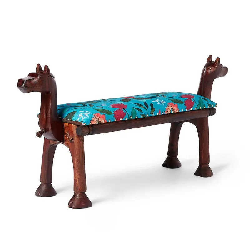 India Circus Acacia Wood Blossomy Mosaic Wooden Camel Bench media 3