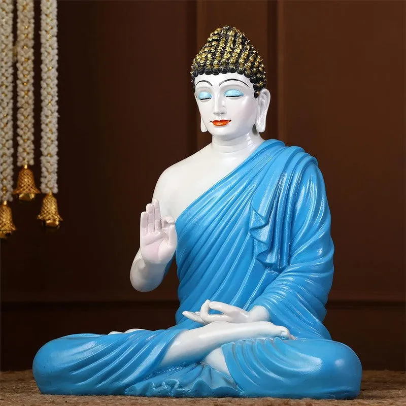 Three-quarter view of glossy blue Buddha showpiece