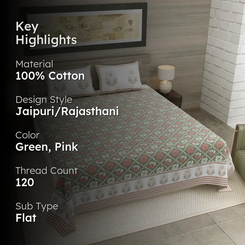 Rang Aura Cotton Bedsheet (Green,Pink) - 120 TC media 2