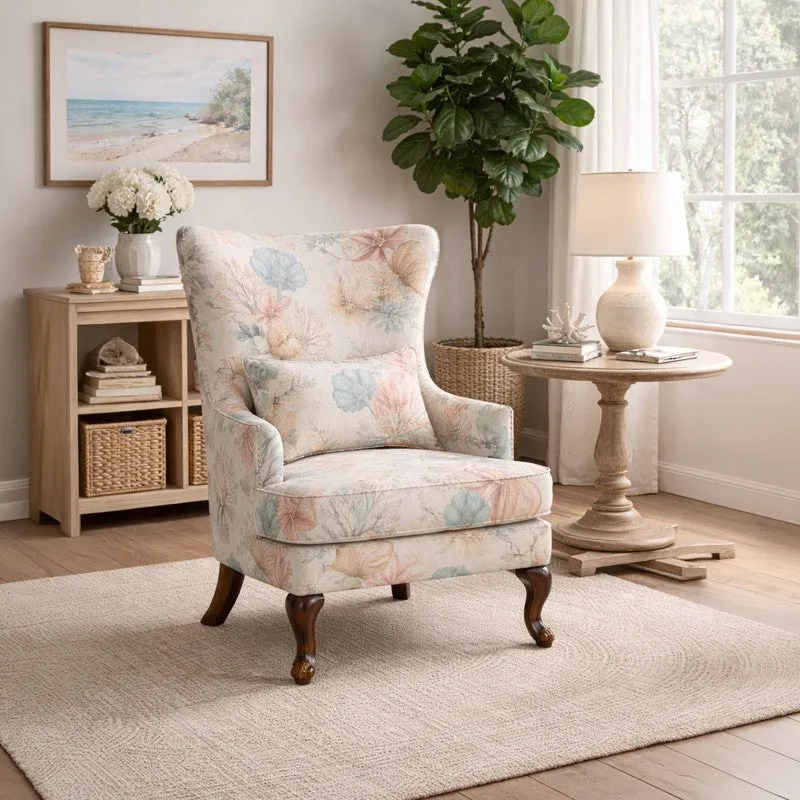 Esten Teak Wood & Velvet Heritage Floral Lounge Chair media 1