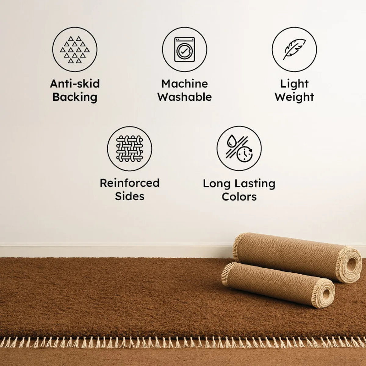 Graphic showing anti-skid backing and washable care icons