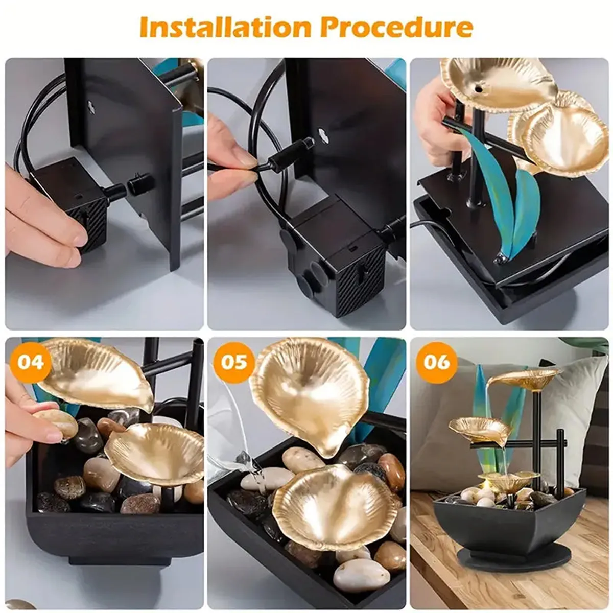 Step-by-step assembly images for the tabletop fountain