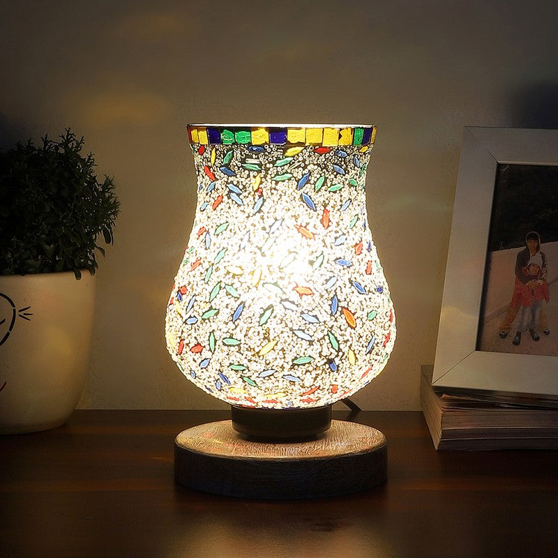 Aurean Mosaic Glass Table Lamp With Wooden Base - Multicolor