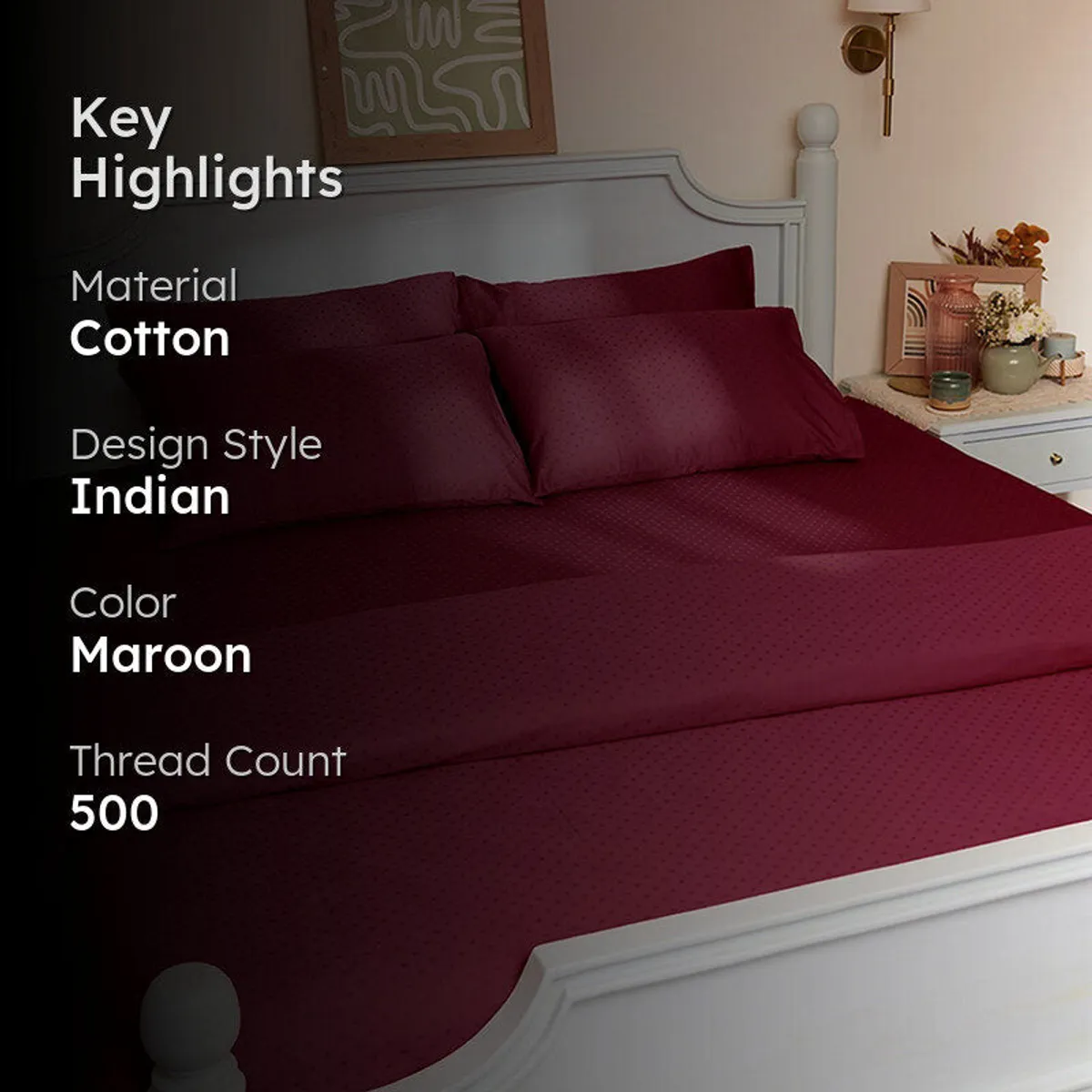 Maroon duvet cover styled on a bed in a bedroom setting