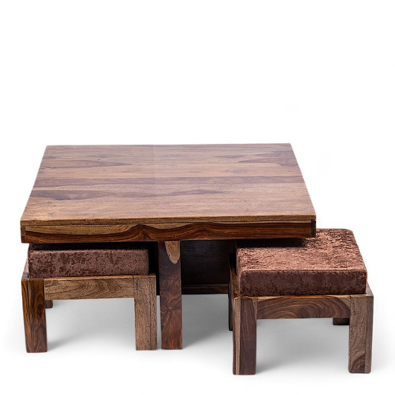 Evrino Sheesham Wooden Center Table with Stools and Cushions (Brown,Beige) - Nine Piece Set media 4