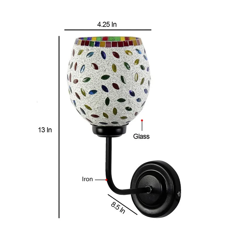 Mosaic glass wall lamp with black iron arm shown against a white background