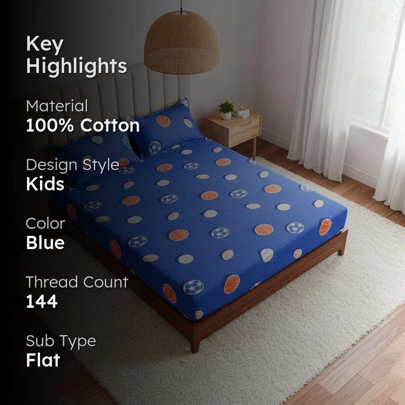 Baseball Dreams Kids Neon Print Cotton Bedsheet (Blue) - 144 TC media 2