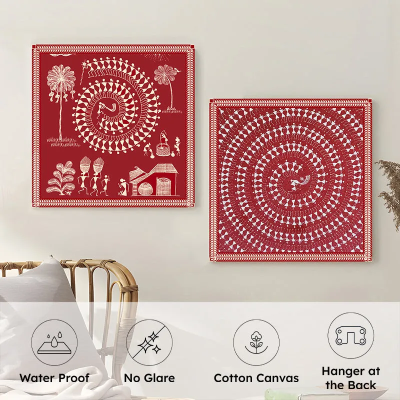 Warli Motif II Canvas Wall Art - Set Of Two media 6