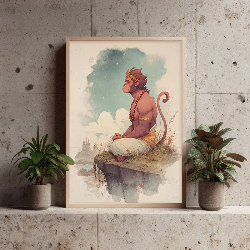 Divine Peace of Hanuman Ji Spiritual Archival Paper Wall Art - Natural Brown Frame media 3