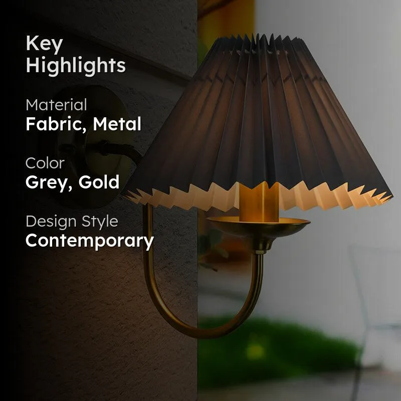 French Pleat Fabric & Metal Wall Lamp - Gold & Grey media 2