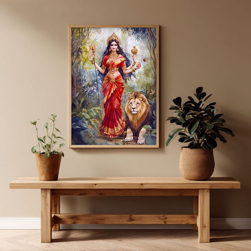 Jagat Janani Spiritual Archival Paper Wall Painting - Natural Brown Frame
