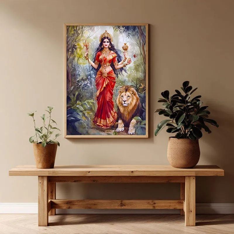 Jagat Janani Spiritual Archival Paper Wall Painting - Natural Brown Frame media 1