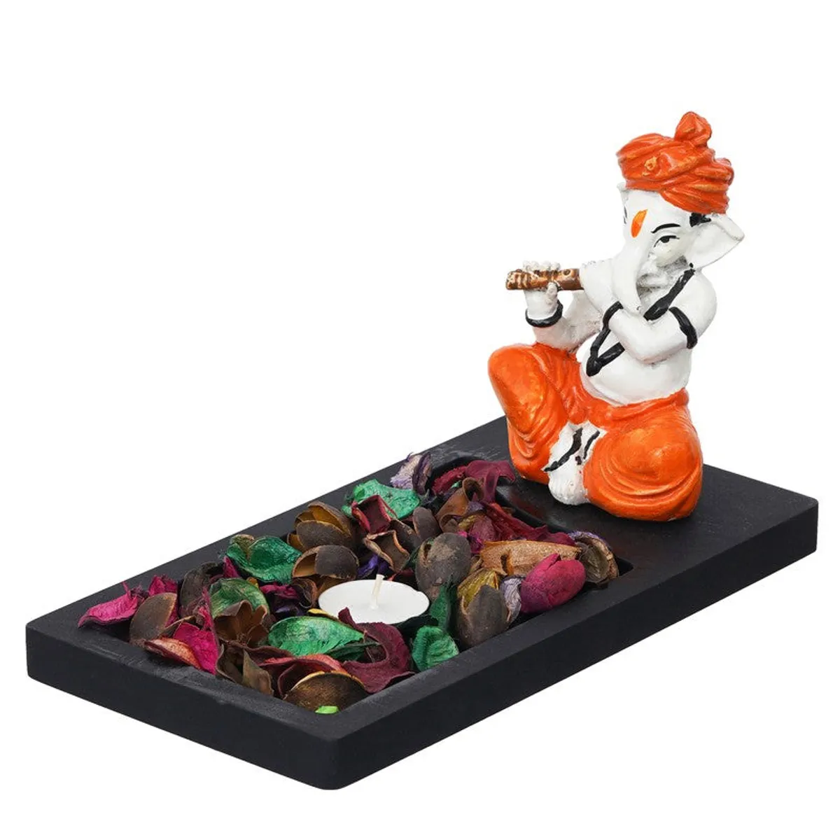 Side view of Ganesha tea light holder on black rectangular base