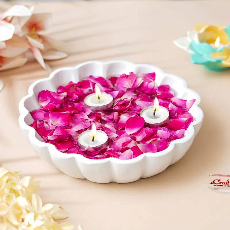 White Lotus Petal Resin Urli - White media 1