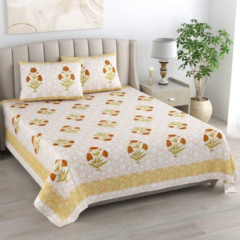 Barkha Ethic Floral Cotton Bedsheet (Yellow,Brown) - 150 TC media 1