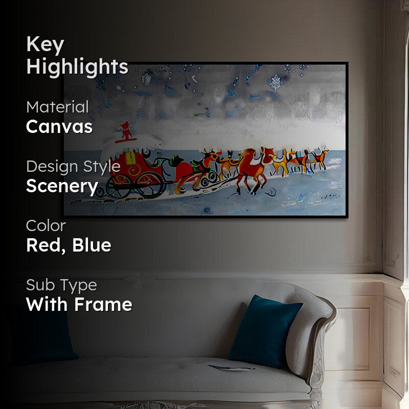 North Pole Reindeers Landscape Canvas Wall Painting With Frame - Black media 2