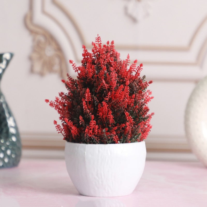 Artificial Red Thick Bush Plant with White Pot