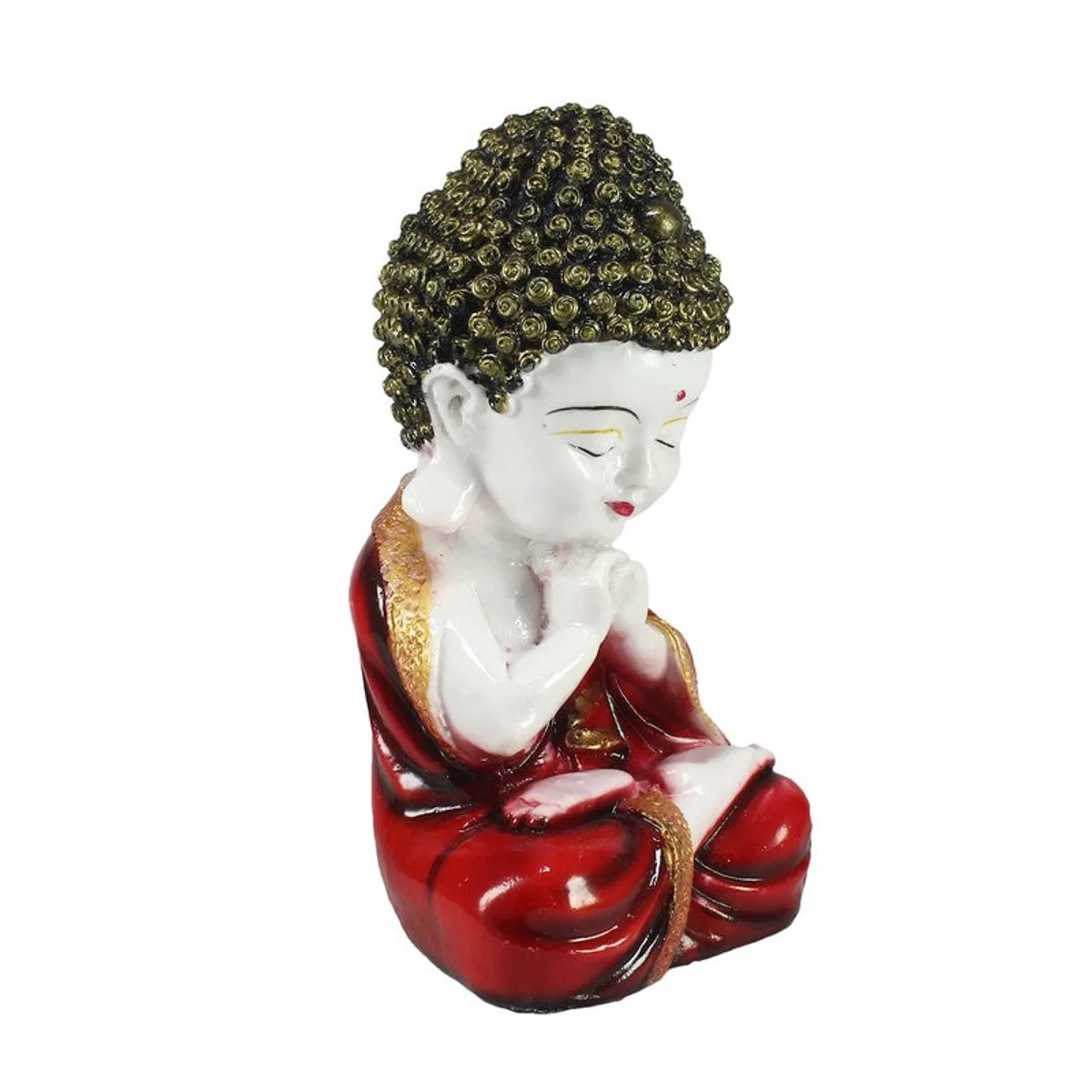 Angled side view of red and white Buddha resin showpiece