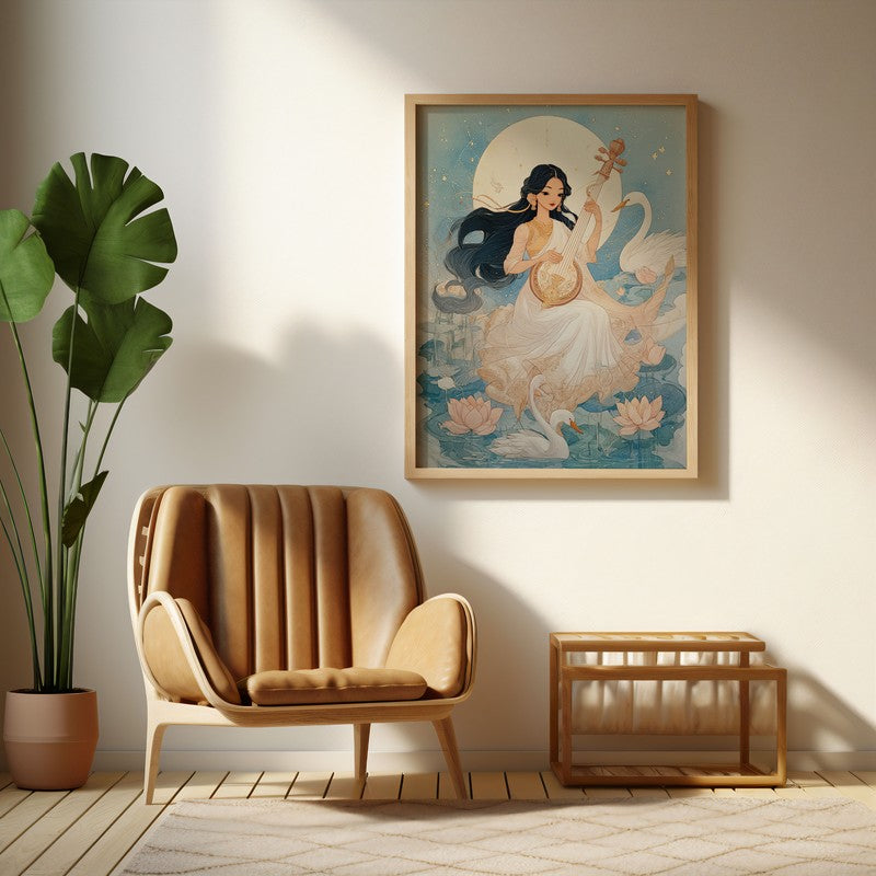 Goddess Saraswati Playing Bina Blissful Archival Paper Wall Art - Natural Brown Frame
