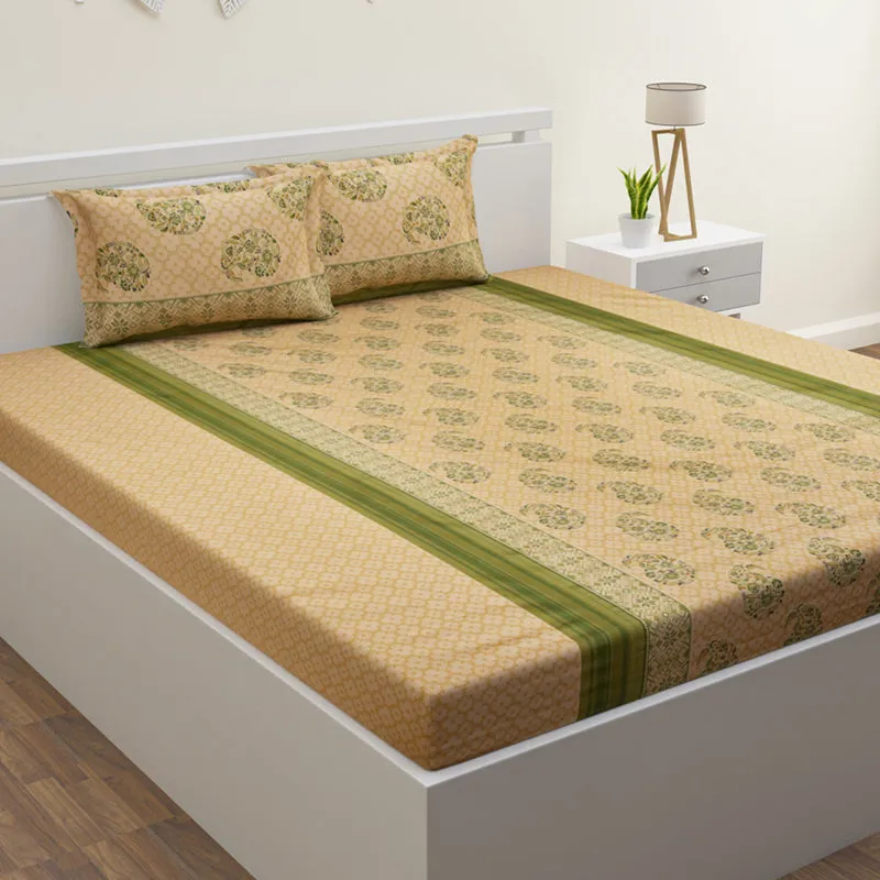 Nitya Printed Cotton Bedsheet (Beige) - 300 TC media 1