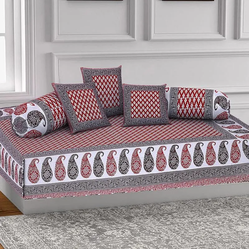 Suvarna Printed Diwan Set (Red) - Six Piece Set media 1