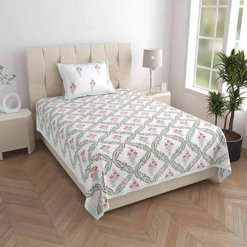 Nawabi Vibe Cotton Bedsheet (Teal, Red) - 180 TC media 1