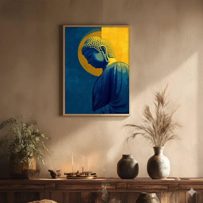 Radiant Buddha In Golden Aura Archival Paper Wall Painting With Brown Frame media 1