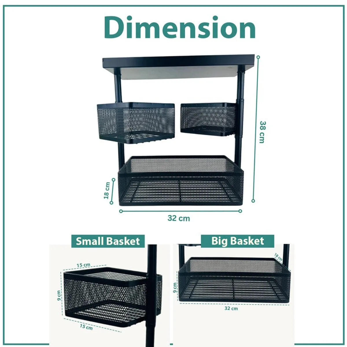 Black metal rack shown with overall dimensions and basket size views