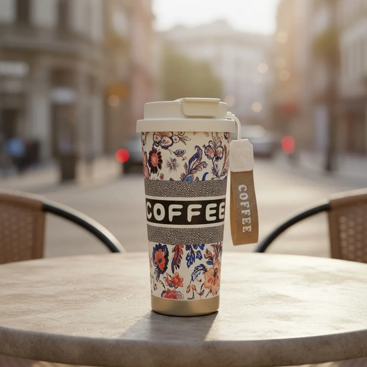Floral coffee tumbler on a café table with a city backdrop
