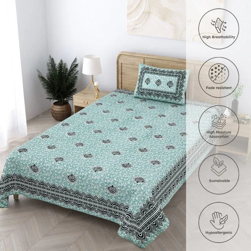 Green printed bedsheet on bed with feature icons overlay