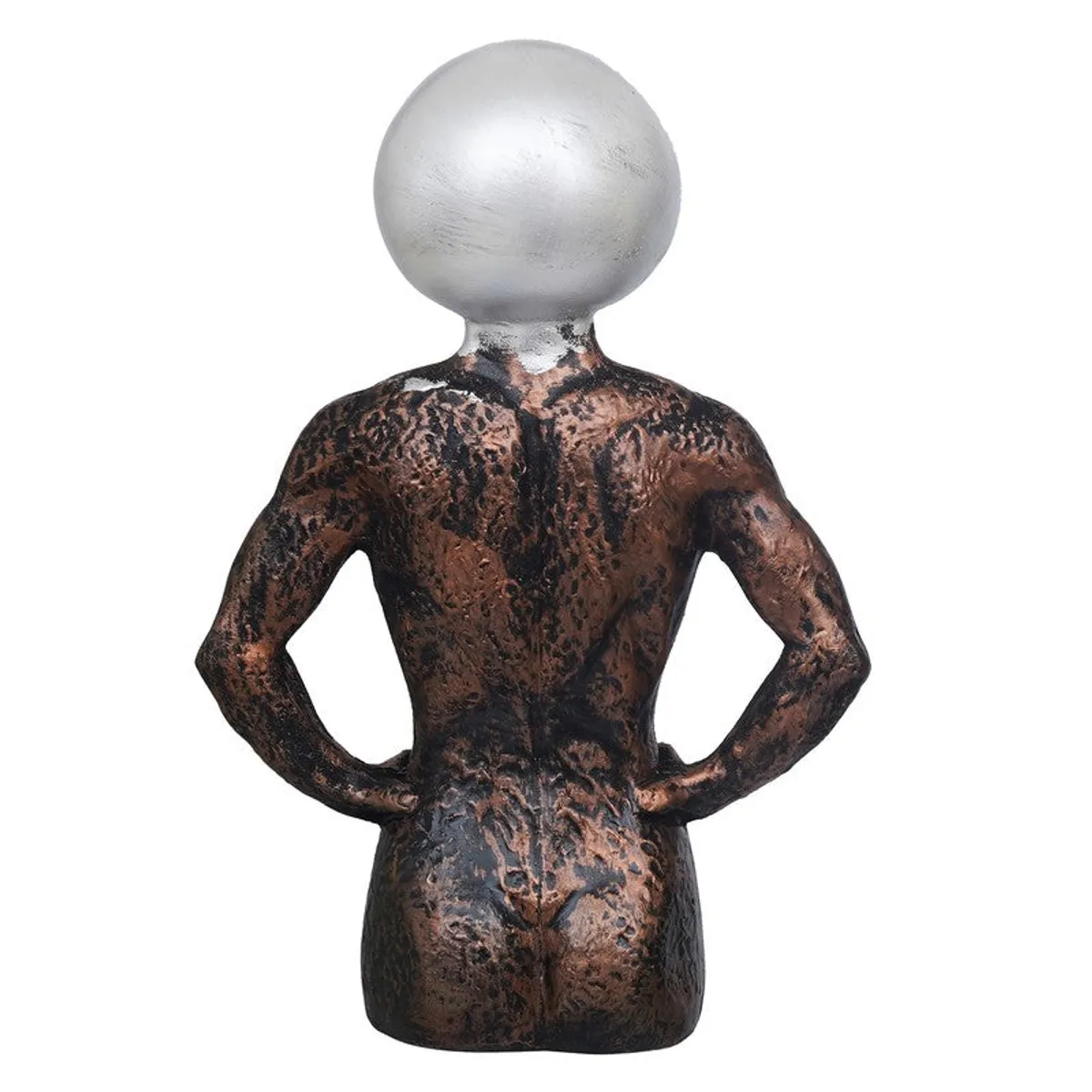 Back view of textured male torso showpiece with silver spherical head