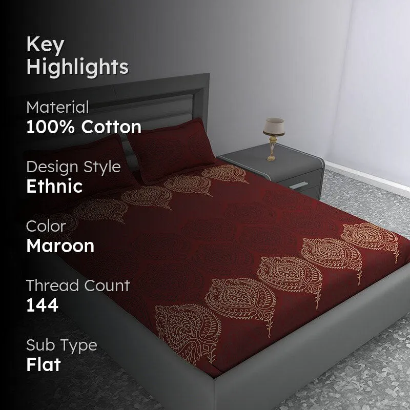 Folk Flair Ethnic Cotton Bedsheet (Maroon) - 144 TC media 2
