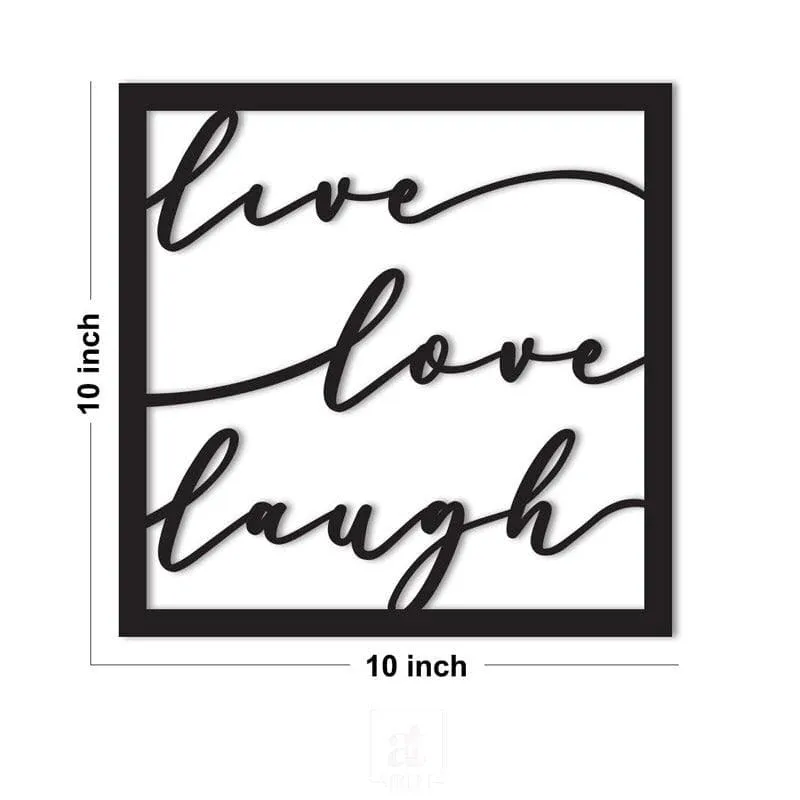 Square black Live Love Laugh wall accent shown with dimensions