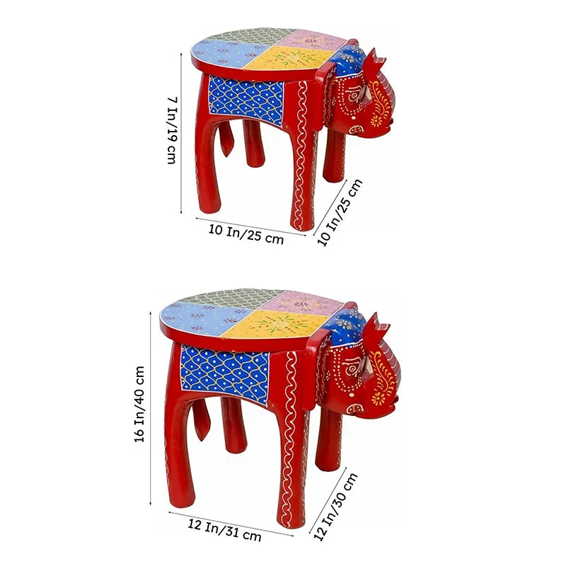 Crimson Tusker Ethnic Hand-Painted Wooden Stool media 7