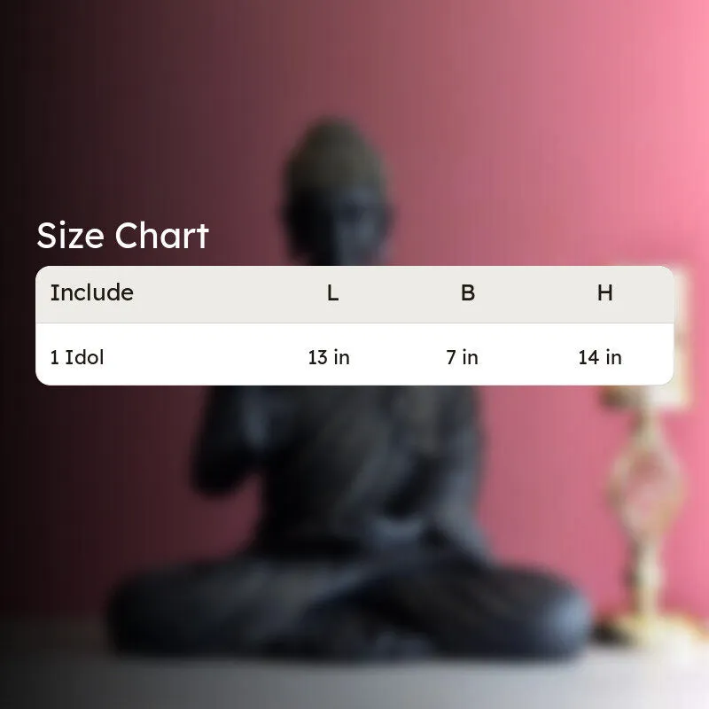 Blurred Buddha idol background with size chart overlay