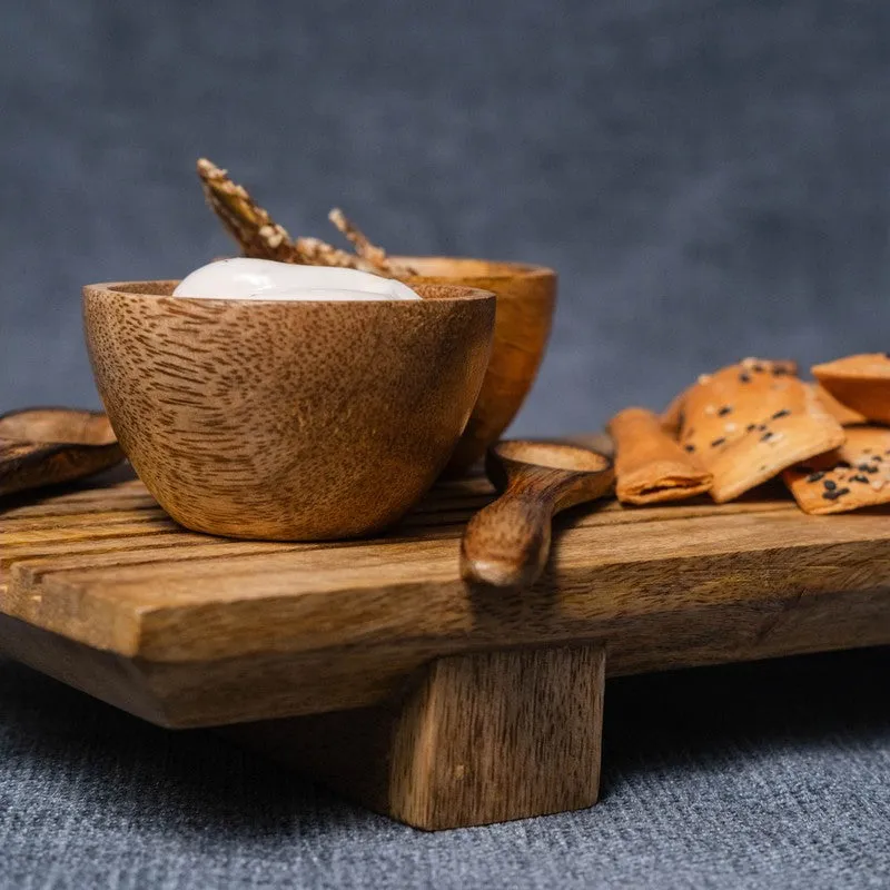 Linear Wood Serving Platter with Dual Dip Bowls - Three Piece Set media 6