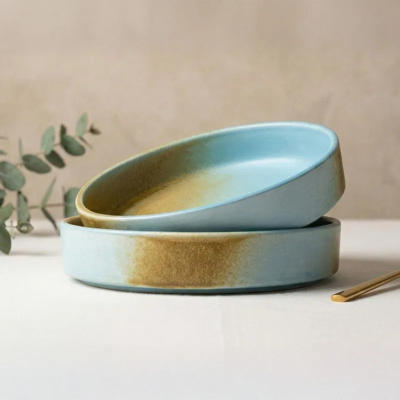 Whimsi Ceramic Salad Bowl (600 mL Each,Brown,Blue) - Set Of Two media 1
