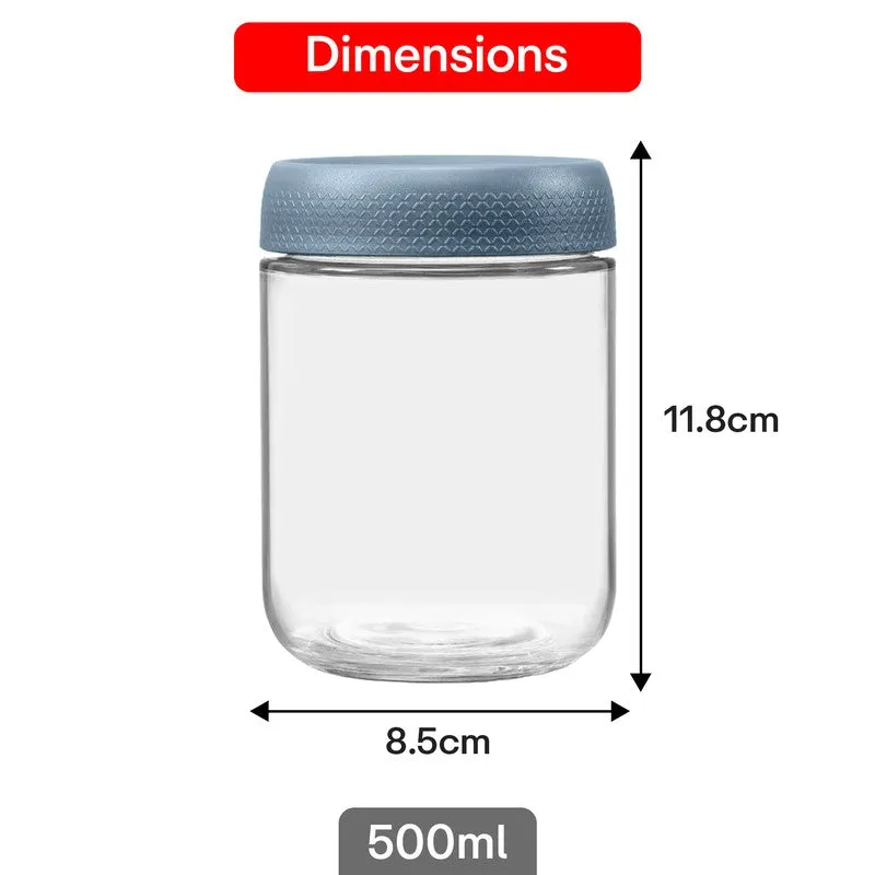 Single clear glass jar with blue lid shown with 8.5 cm width and 11.8 cm height
