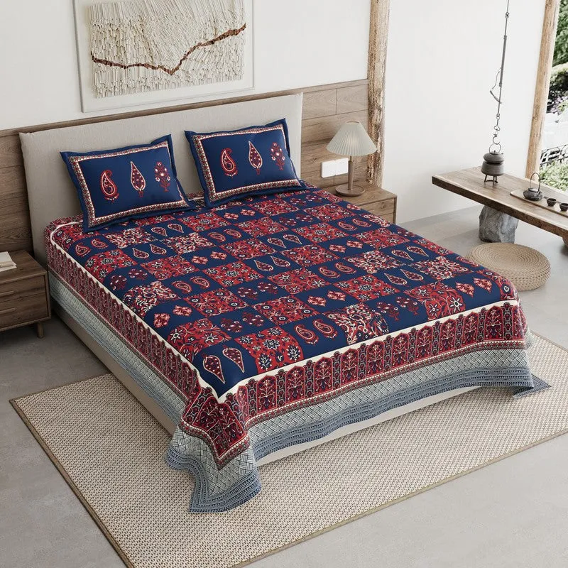 Jaipur Charm Cotton Bedsheet (Blue,Maroon) - 120 TC media 1