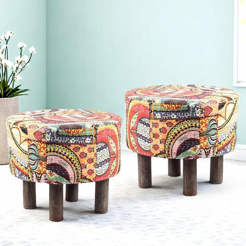 Qverix Acacia Wooden Ottomans (Multicolor) - Set Of Two media 1