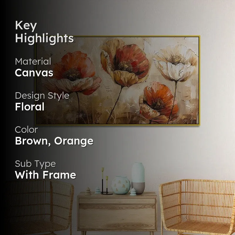 Poppies Of Autumn Floral Canvas Wall Painting With Frame - Gold media 2