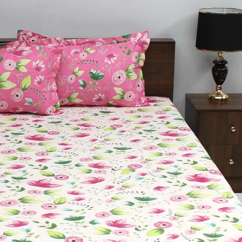 Vidhi Floral Cotton Bedsheet (White,Pink) - 110 TC media 1