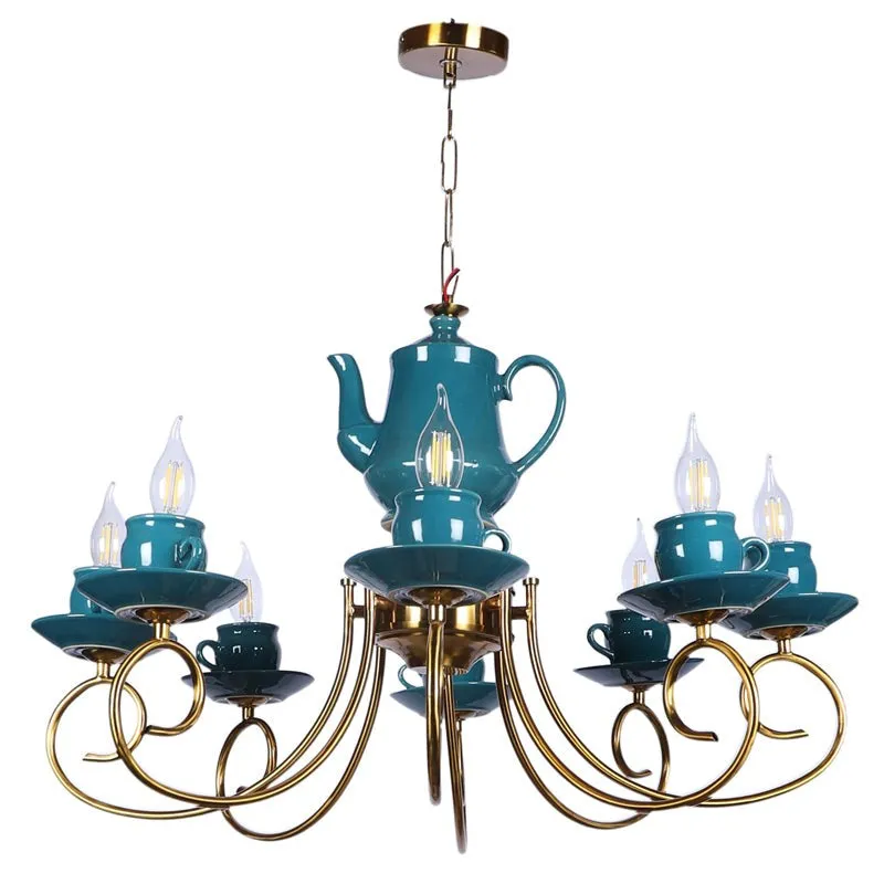 Artistic Teapot Iron Chandelier - Blue & Gold media 4