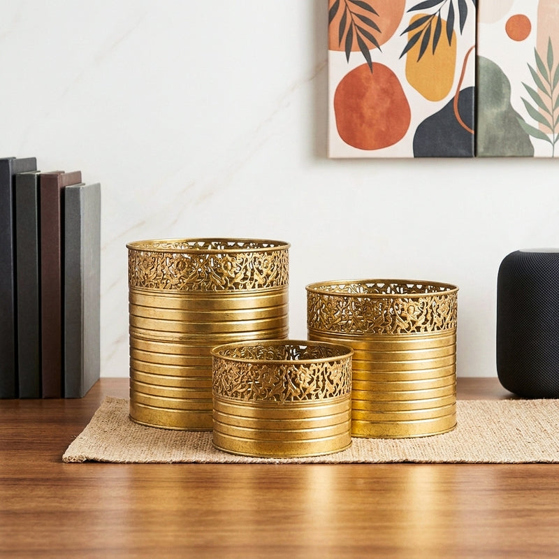 Stone Metal Planters - Set Of Three