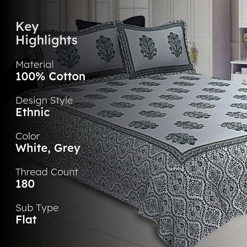 Kruti Ethnic Cotton Bedsheet (White,Green) - 180 TC media 2