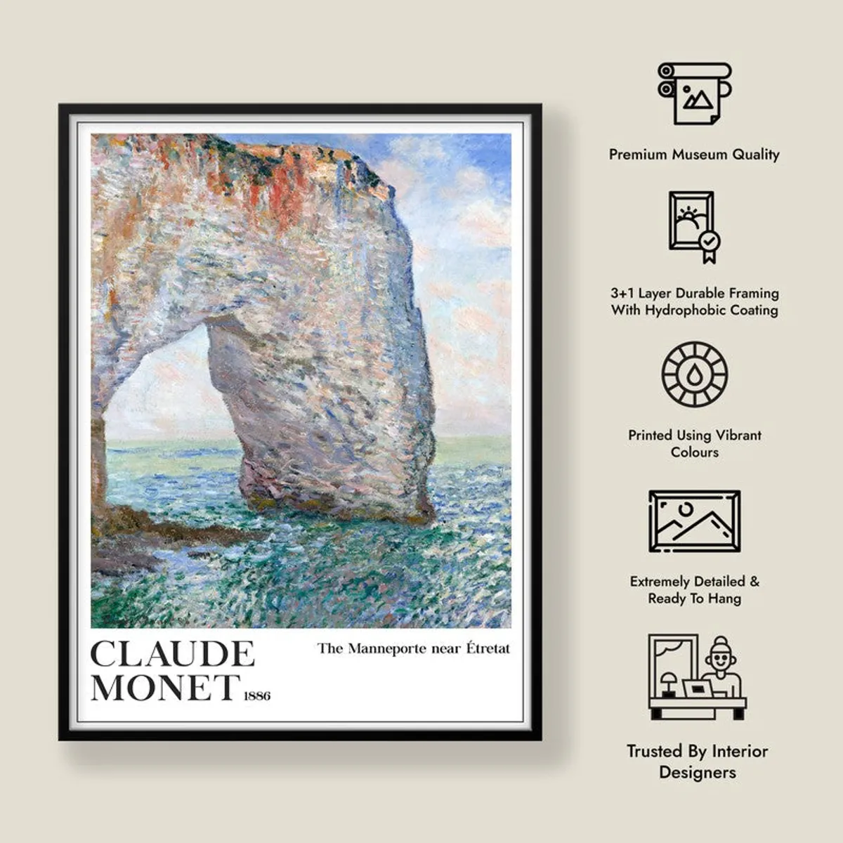 Framed seascape wall art shown beside decorative feature icons