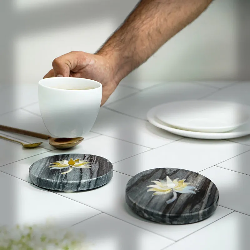 Lotus Marble Coaster With Mother Of Pearl Inlay (Grey) - Set Of Two media 4