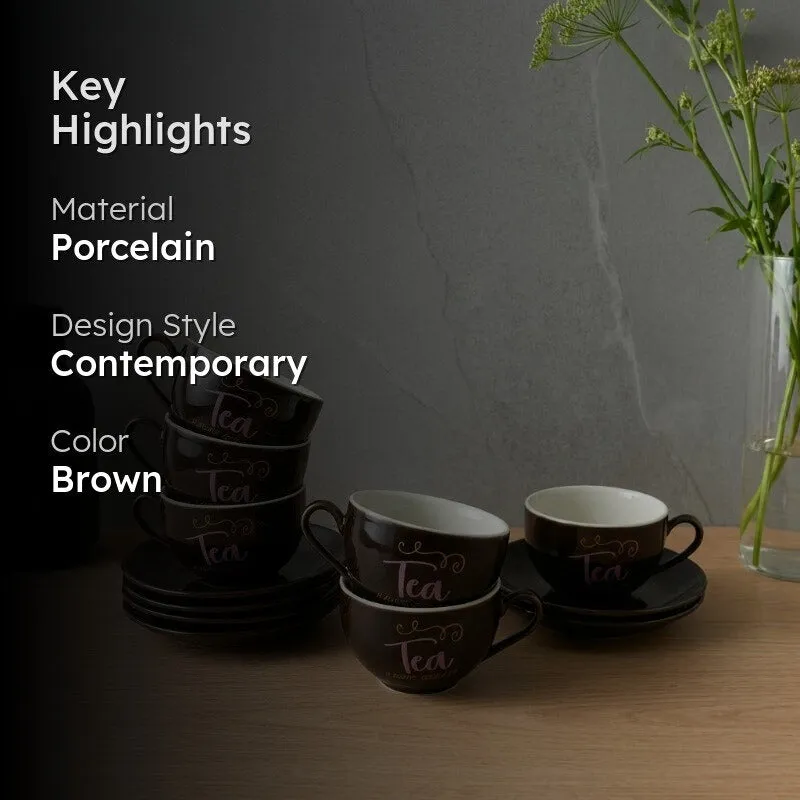 BrewBliss Porcelain Cup & Saucer (Deep Brown/220 mL Each) - Set of Six - 2