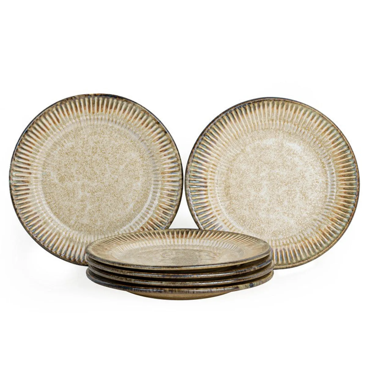 Six beige ceramic dinner plates arranged against a white background
